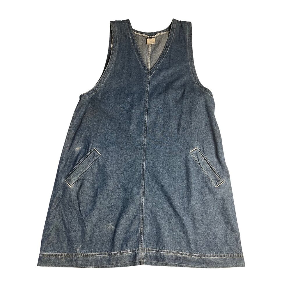 Womens Essentials Denim Sleeveless Jumper Dress V-Neck With Pockets L 100% Cotto